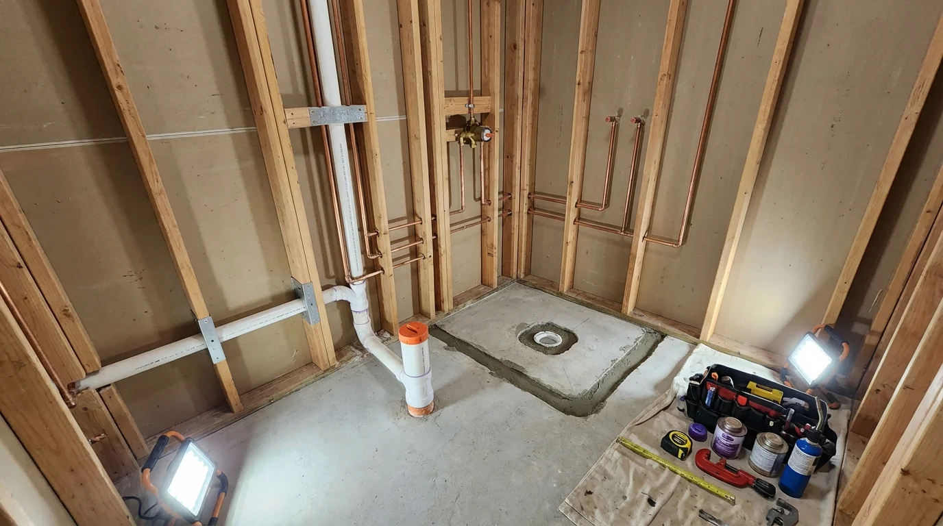 Bathroom rough-in plumbing during remodel by Johns Plumbing LLC in Reinbeck