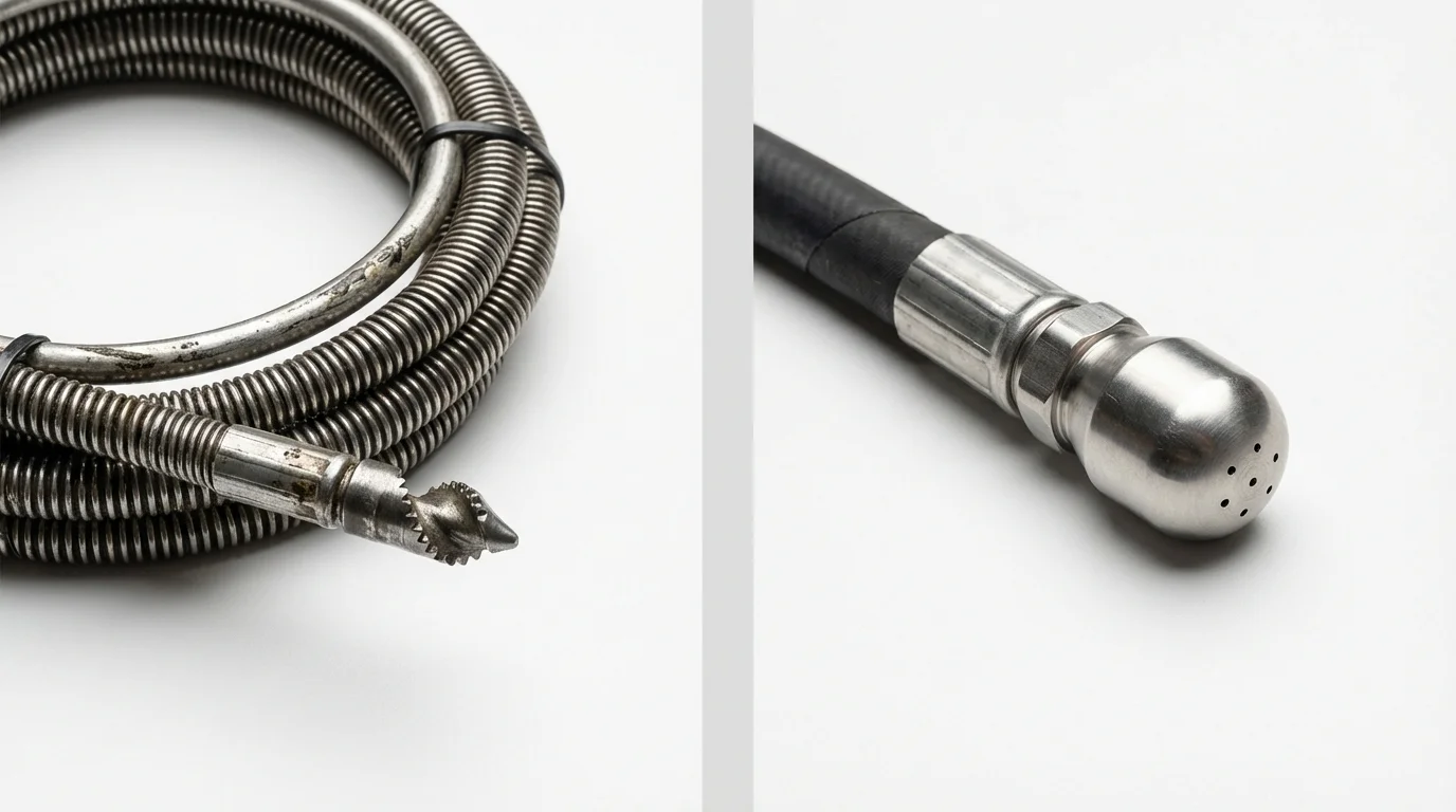 Drain snake cable and hydro jetting nozzle used for drain cleaning in Reinbeck, IA