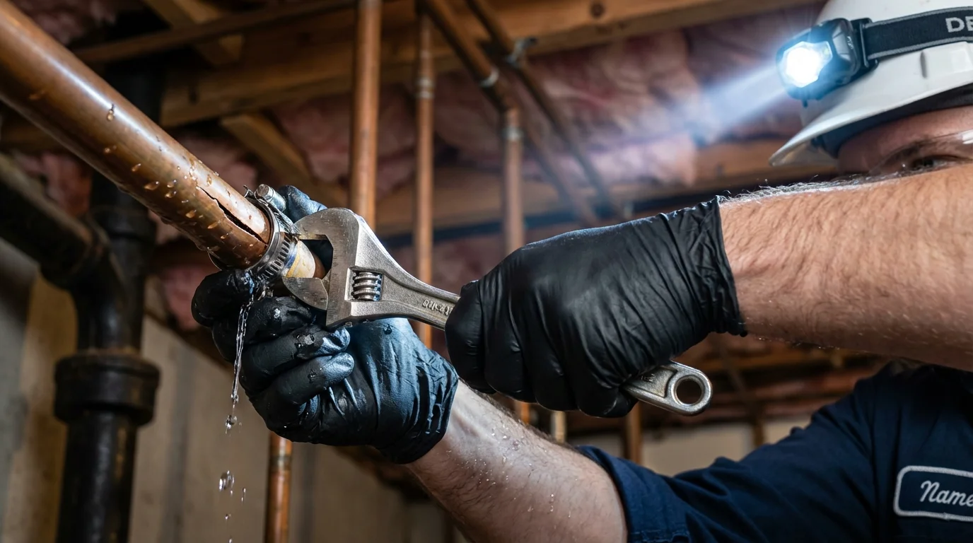 Emergency pipe clamp repair being performed by a Johns Plumbing LLC plumber in Reinbeck