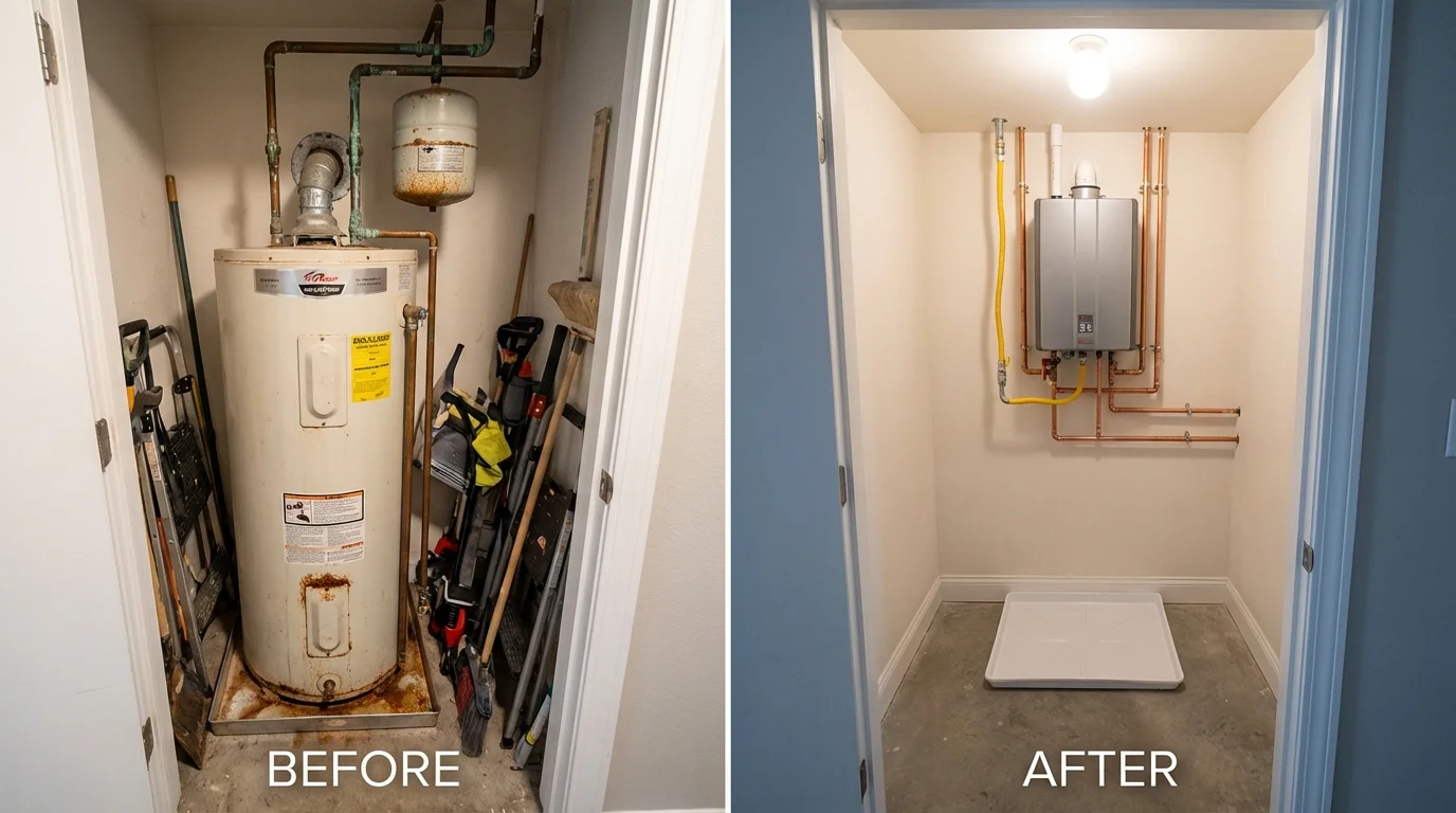 Tank water heater versus wall-mounted tankless unit comparison for Reinbeck, IA homeowners