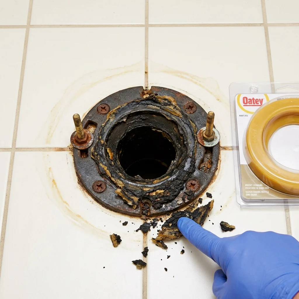 Failed wax ring showing water seepage at the base of a toilet in a Reinbeck, IA home