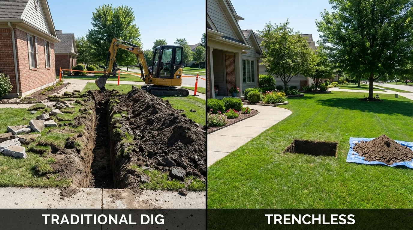 Trenchless sewer repair with minimal yard damage versus traditional excavation in Reinbeck, IA