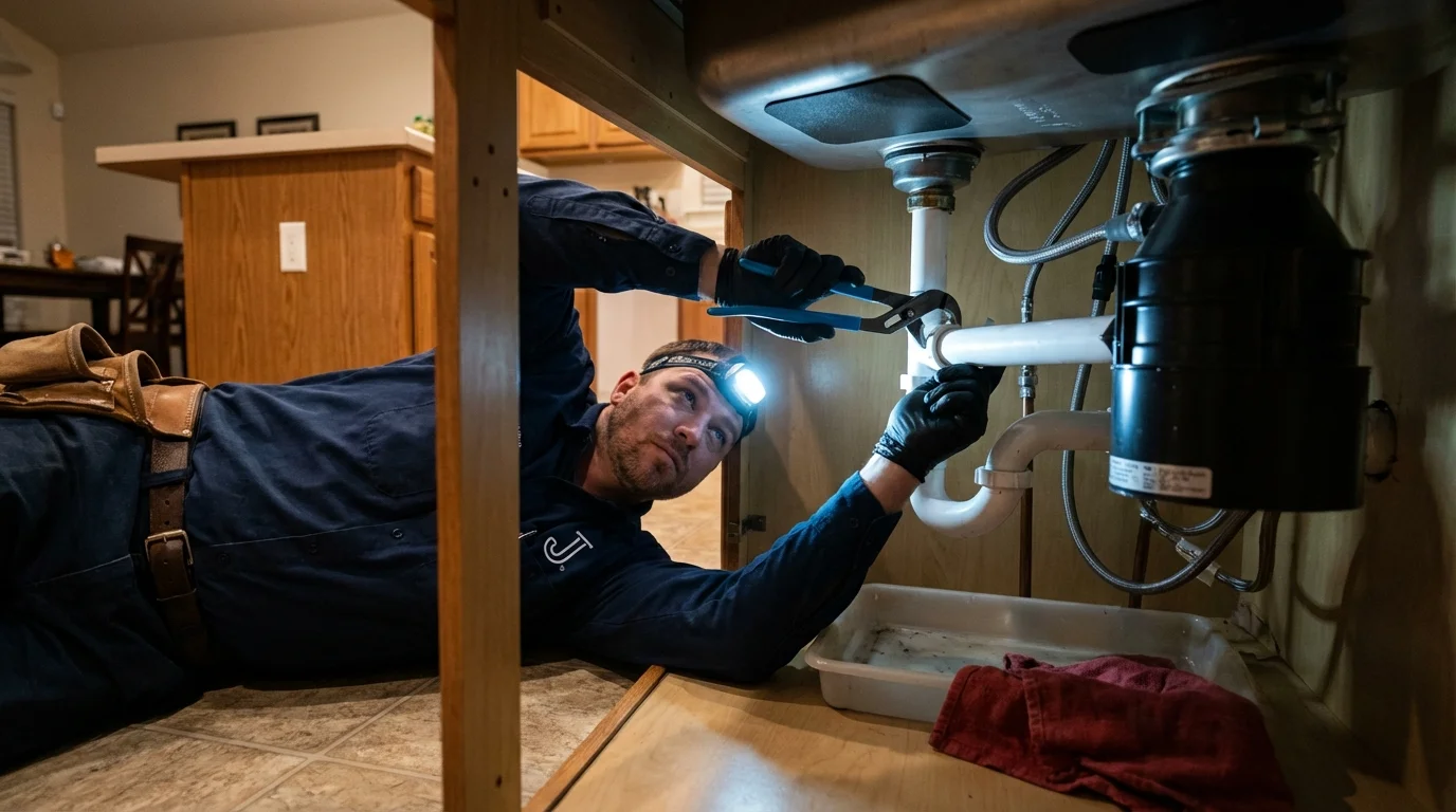 P-trap and supply line connections under a kitchen sink showing a common leak point in Reinbeck, IA